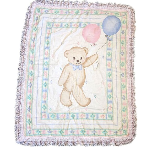 Vintage Baby Girl Quilt Blanket Lace Edge Teddy Bear Balloons Hand Stitched‎